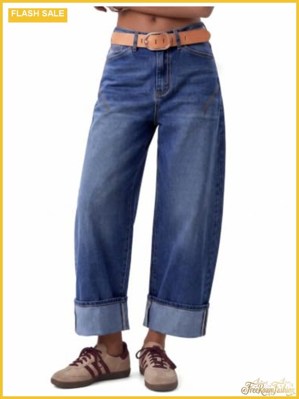 IWD Women's Barrel Wide Leg Cuffed Jeans Mid-Rise Baggy Stretchable Denim
